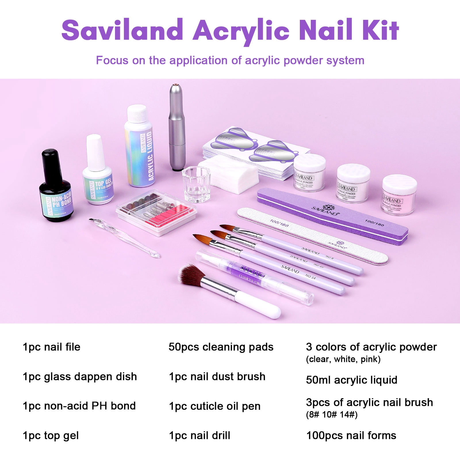 Saviland Acrylic Nail Kit Complete Set with Drill - White/Pink/Clear Acrylic Powder and Acrylic Liquid Set with Acrylic Nail Brush, Electric Nail Drill, Acid-Free Primer and Top Coat with Everything