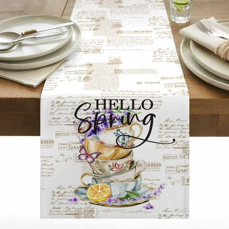 Hello Spring Table Runner 13x72 inch Vintage Cups Cotton Linen Dining Table Runner Ideal for Dresser Kitchen Coffee Tables - Machine Washable