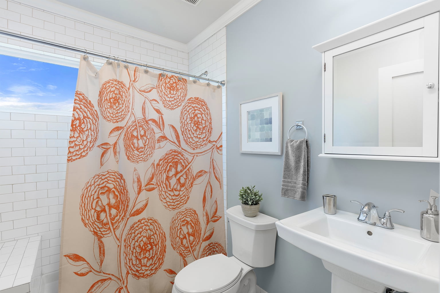 Simply Daisy 70" W x 73" L Antique Flowers Polyester Shower Curtain, Orange [1 Ct]