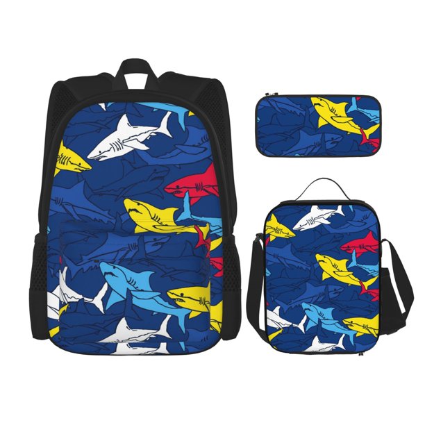 Disketp Cartoon Shark Mochila Estampada de Gran Capacidad con Lonchera y Estuche, Set de 3 Piezas para Estudiantes