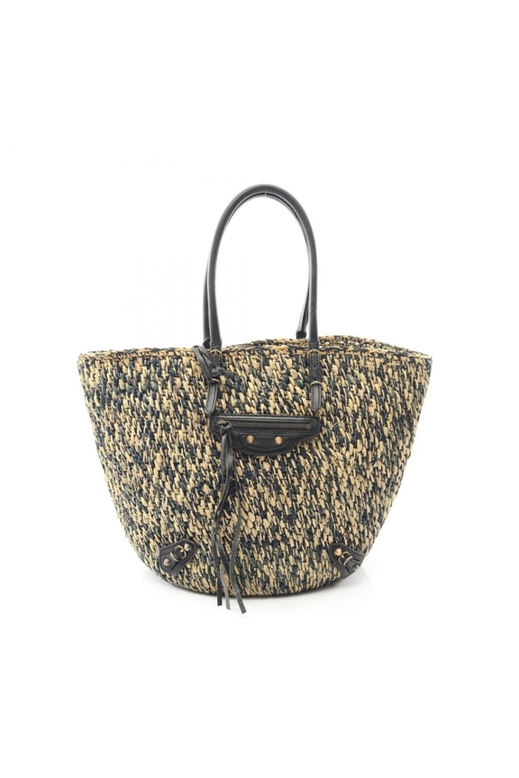 Pre-Owned Balenciaga BALENCIAGA handbag, leather and raffia, women's, beige, navy,... (Fair)