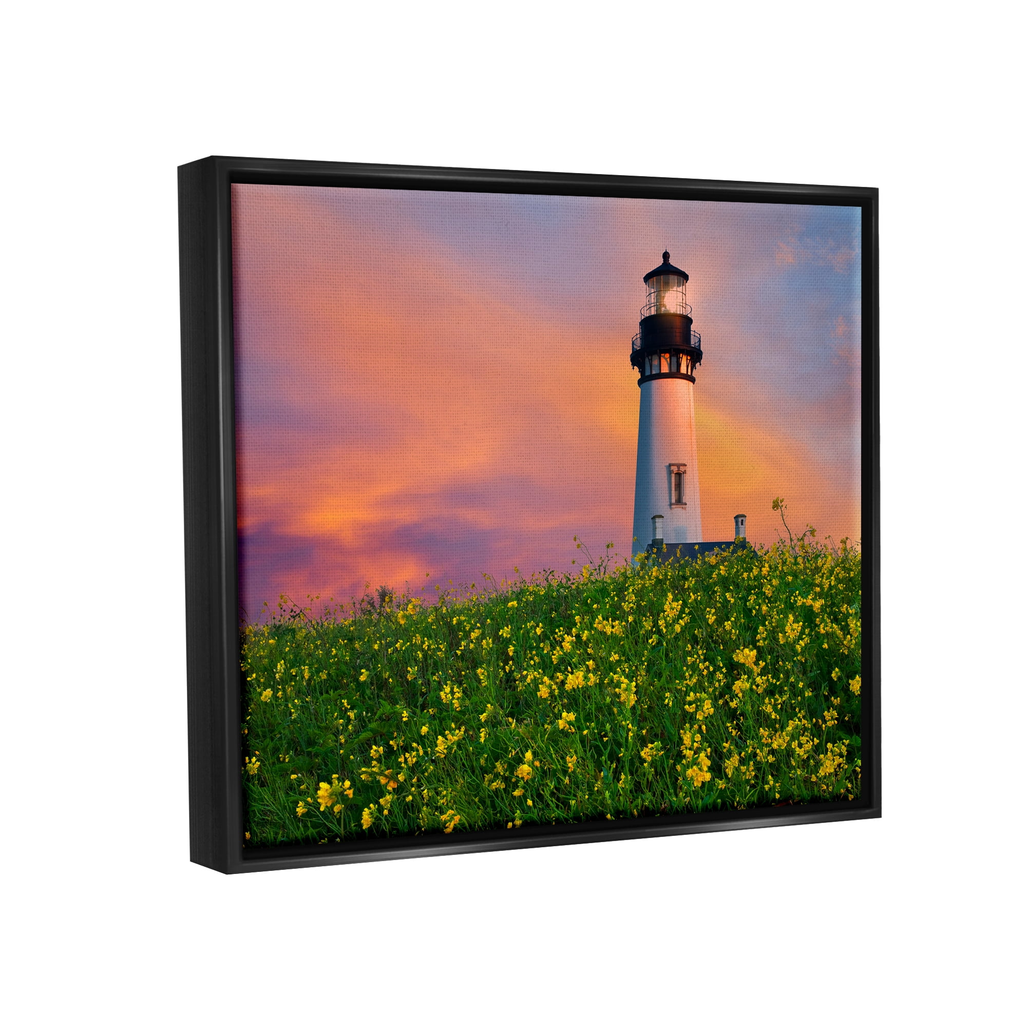 Stupell Industries Lighthouse in Meadow Sunrise Nature Photography Black Floater Framed Art Print Wall Art, 21 x 17
