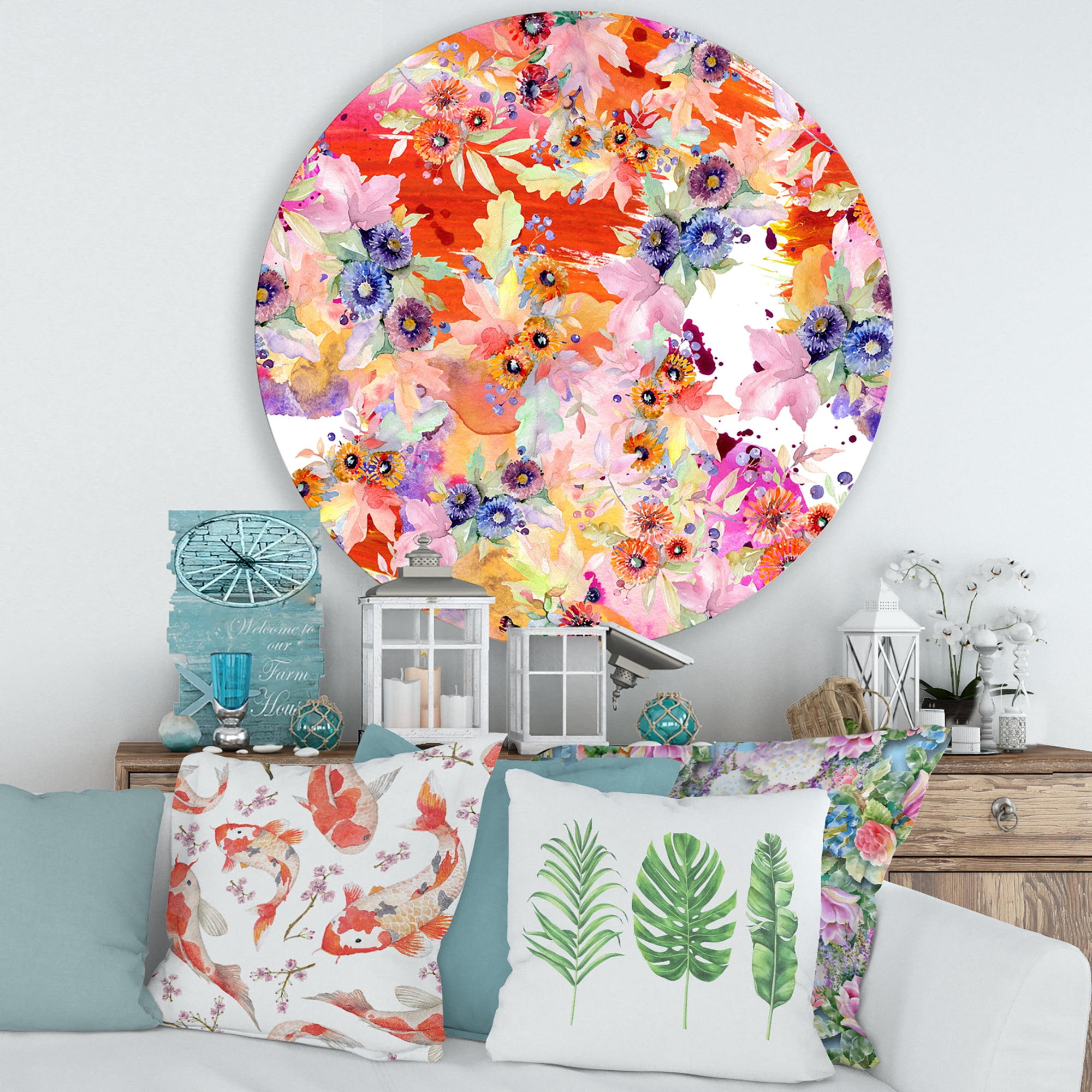 Designart 'Wildflowers and Vibrant Wild Spring Leaves VI' Modern Circle Metal Wall Art 36x36 - Disc of 36