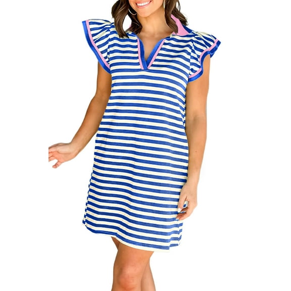 Chic Women's Dark Blue Stripe Print Flutter Sleeve Short Dress with Contrast Collar - [ZhiHiMeRi] | (US 12-14)L