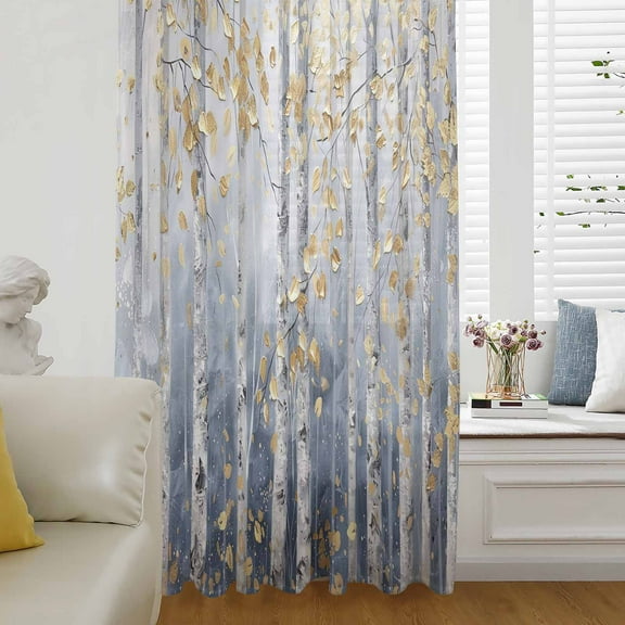Yellow Blue Forest Semi Sheer Curtains Drapes for Living Room, Bedroom, French Doors Window 63 Inches Long, Modern Oil Painting Art Rod Pocket Chiffon Curtain Drapery Voile Draperies Panel