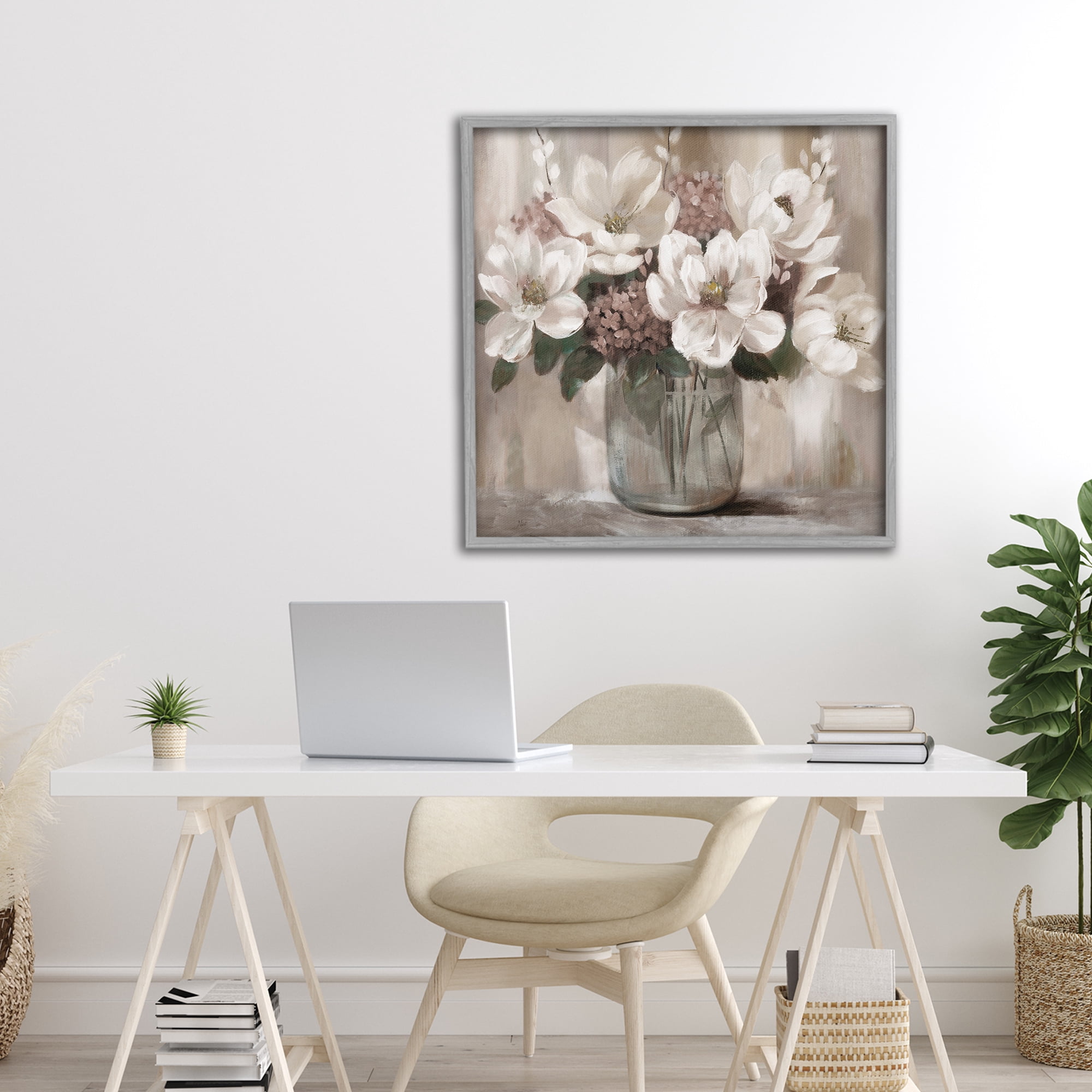 Stupell Industries Ivory Magnolias Vase Gray Framed Giclee Art, design by Nan
