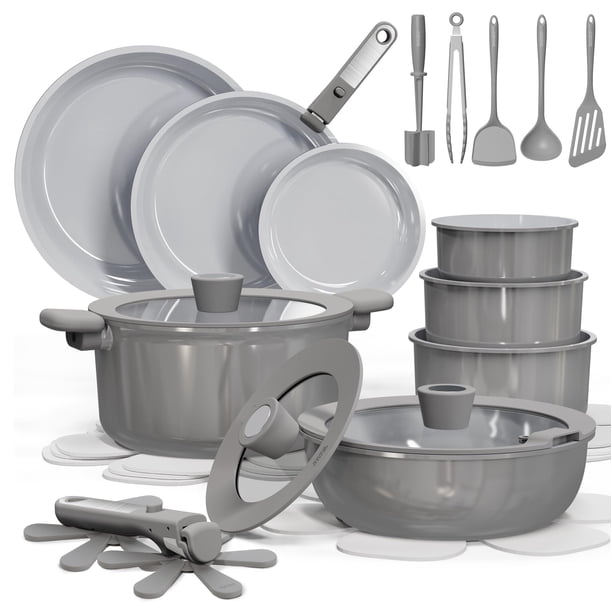 Juego de 27 utensilios de cocina de cerámica antiadherentes, juego de ollas y sartenes antiadherentes, utensilios de cocina no tóxicos, asas desmontab