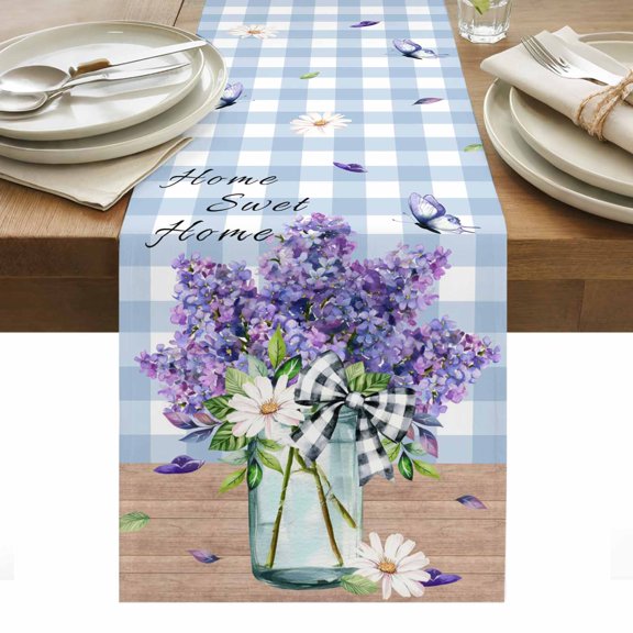 Purple Lavender Table Runner - 70 Inch Long, Kitchen Dining Table Runner Dresser Scarves, Spring Daisy Butterfly Plants Watercolor Blue Farmhouse Decor for Coffee Tables Wedding Party Banquet