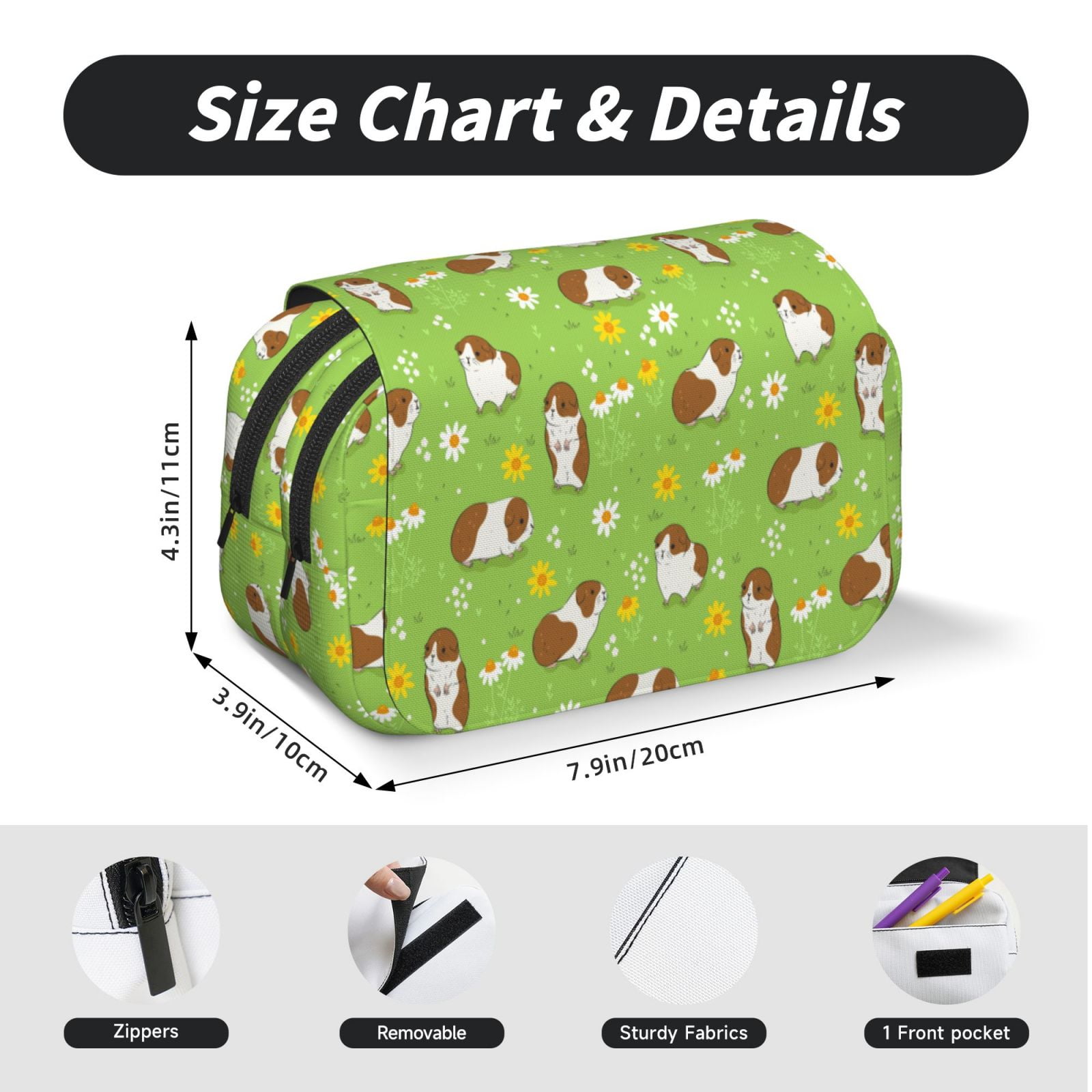 Rateoe Guinea Pigs Pattern Double Clamshell Pen Case, Storage Organizer with Two Zipper Compartments– Holds Up to 50 Pencils & Pens
