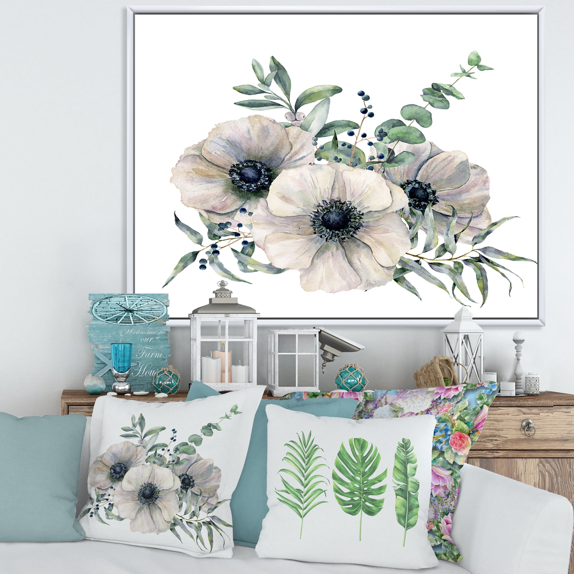 Designart 'Eucalyptus Leaves With White Anemone Bouquet' Traditional Framed Canvas Wall Art Print