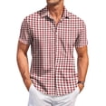 thumbnail image 2 of Hearthz Mens Short Sleeve Button Down Shirts Gingham Wrinkle Free Wedding Shirts Beach Summer Casual Dress Shirts for Men Deep Red XXXL, 2 of 6