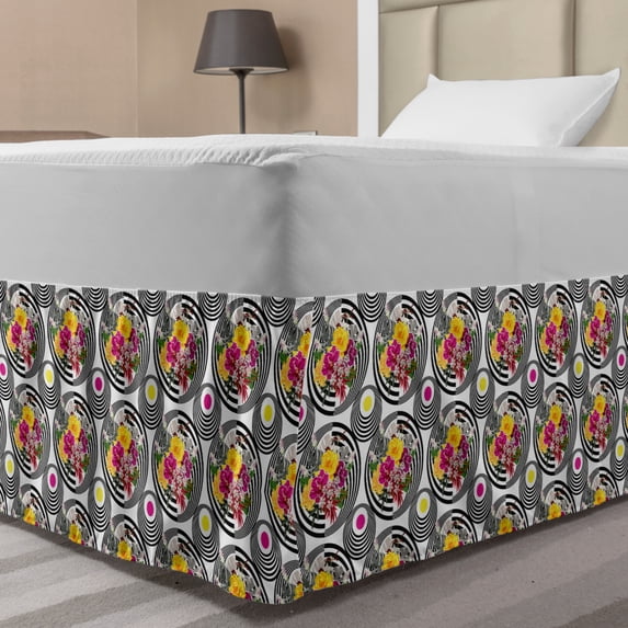 Modern Bed Skirt, Monochrome Circular Spirals and Floral Bouquets Retro Effects Wedding Abstract, Elastic Bedskirt Dust Ruffle Wrap Around for Bedding Decor, 4 Sizes, Multicolor, by Ambesonne