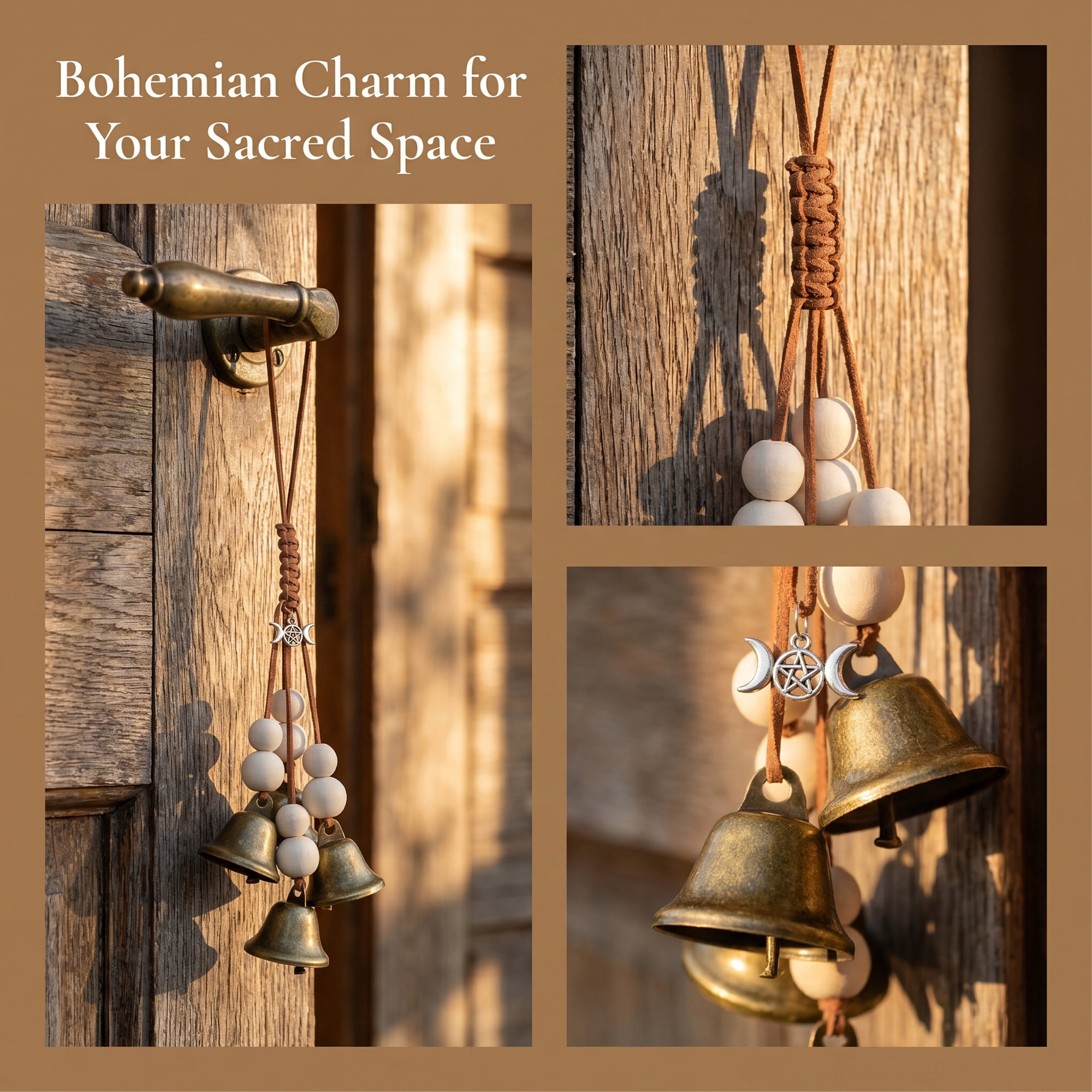 Unique Bargains Rattan Wreath Wall Hanging Metal Bells Bronze 6.3"L x 6.3"W x 11.8"H