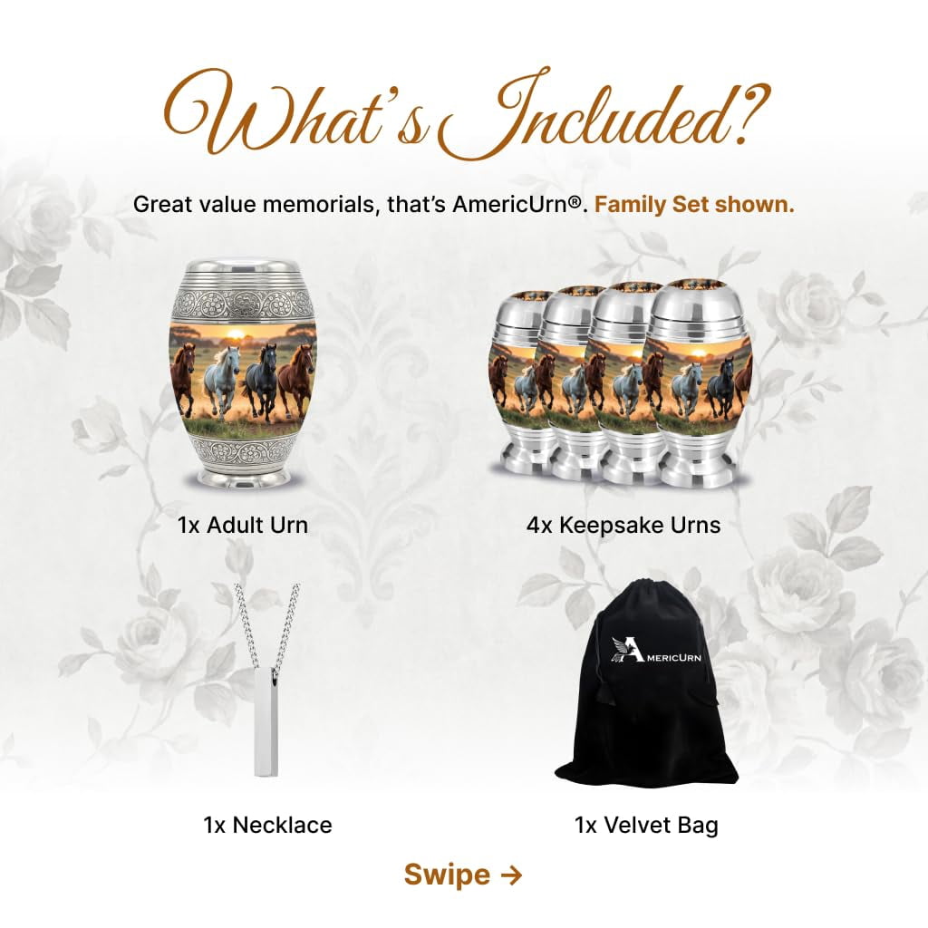 Set of 6 Cremation Urns for Human Ashes Includes 1 Large Urn with 4 Small Keepsakes & 1 Silver Necklace - Horse