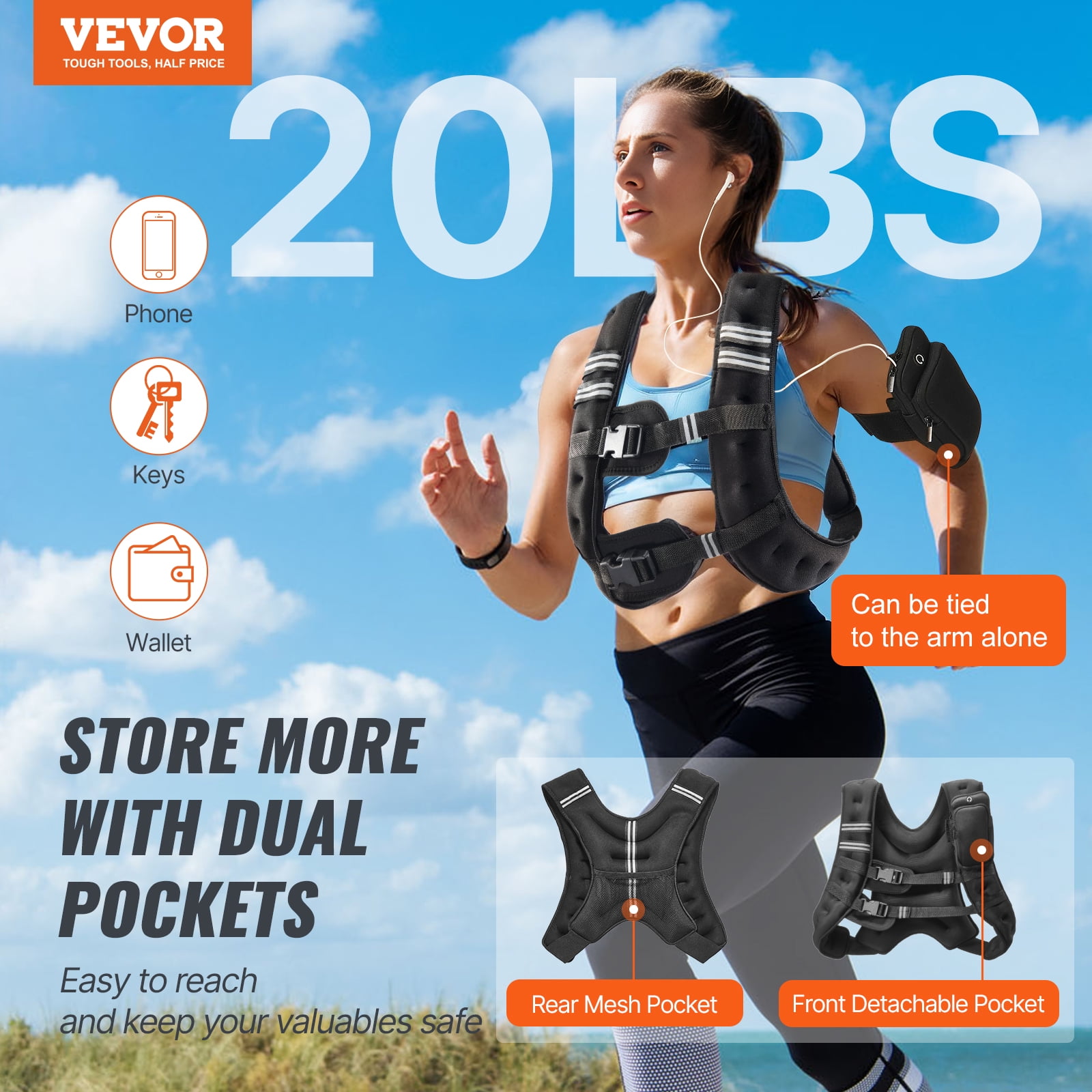 VEVOR Weighted Vest, 20 lbs Weight Vest with Reflective Stripe, Adjustable Buckle Body Weight Vest for Men Women, Workout Equipment for Strength Training, Running, Jogging, Fitness