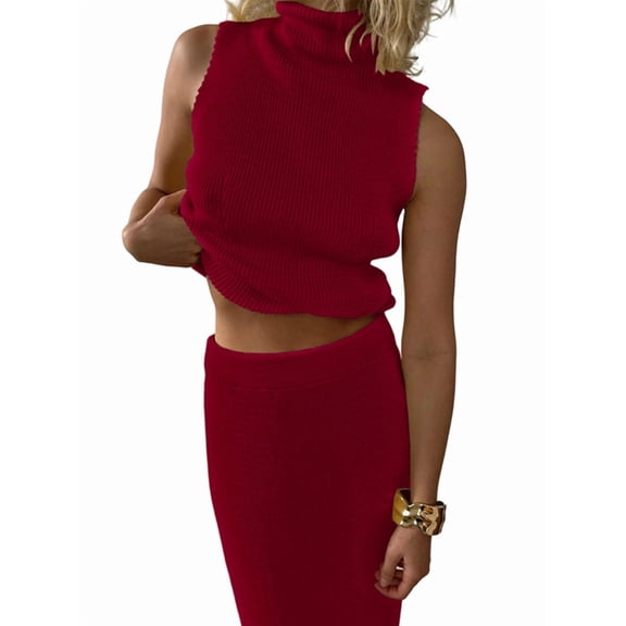 Women'S 2 Piece Outfit Sleeveless Knit Tank Top Bodycon Long Skirt Set Loungewear Wine Red S
