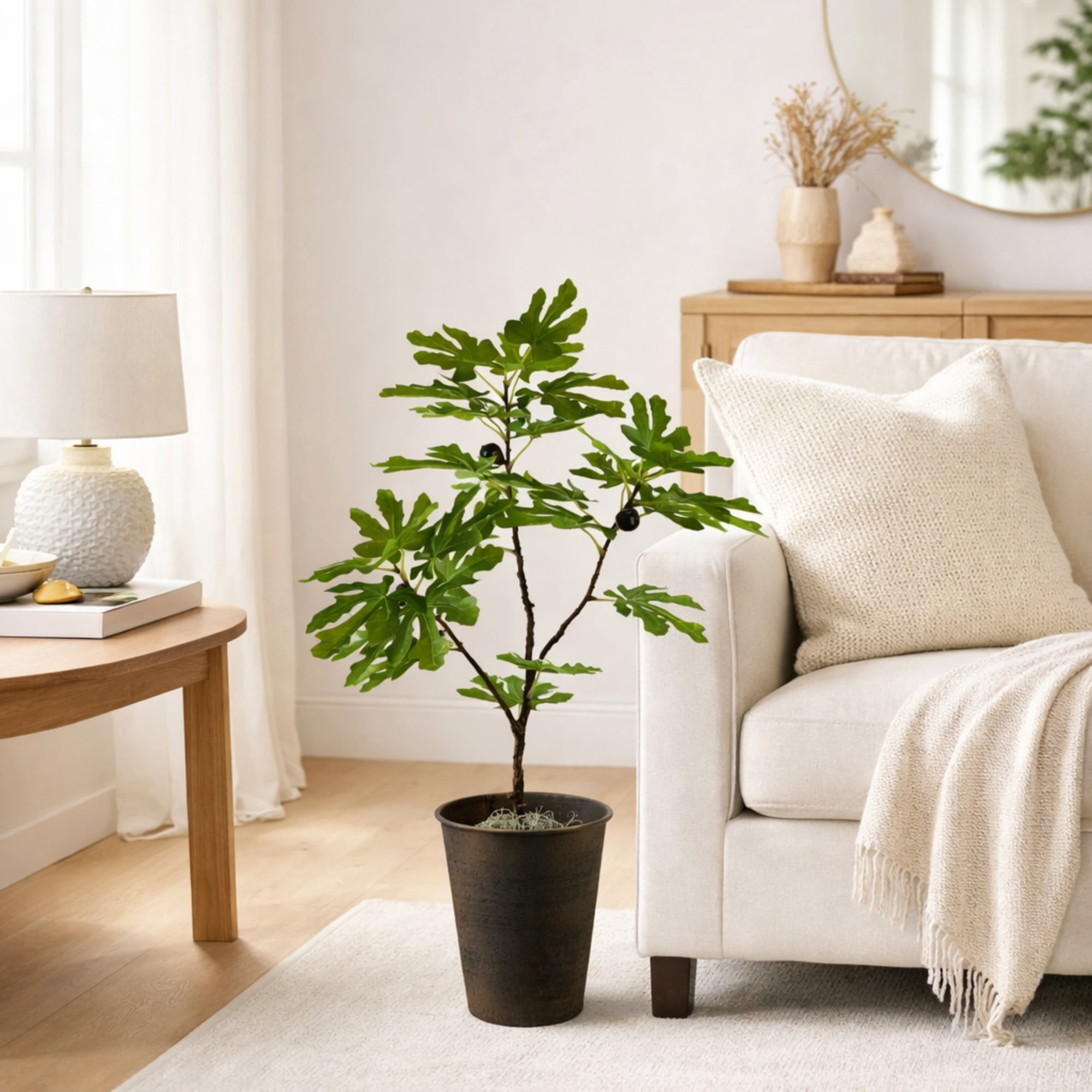 Artificial Tree, 3ft Artificial Fig Plant with Realistic Fig Fruits in a Black Textured Metal Pot by LCG Florals, Fake Indoor Faux Tree for Living Room, Office, and Home Decor