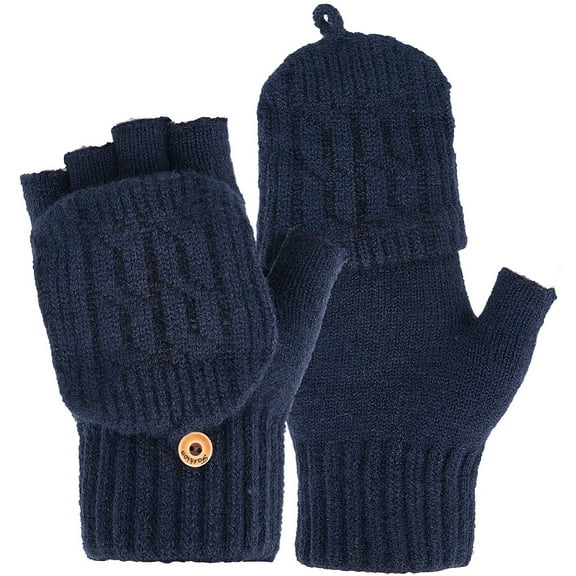 1pair Alpaca Wool & Spandex Winter Knitted Convertible Fingerless Gloves Flip Top Gloves Prussian Blue 170x110x20mm