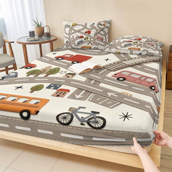 Full Size Fitted Sheet Set - Cars Buses 3 Piece Bedding Sets 16" Deep Pocket Fitted Sheet with 2 Pillowcases, Cartoon Grey City Street Map Traffic Educational Brushed Microfiber Hotel Bed Sheets