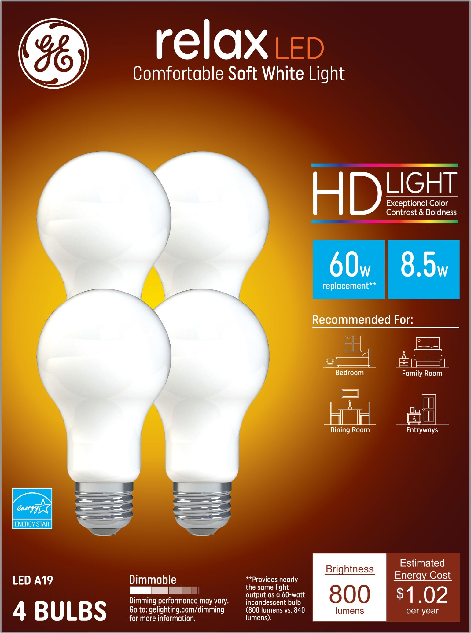 Philips Dimmable LED Bulb Warm White 8.5W = 60W E27 A Edison Screw 1-4 Pack 