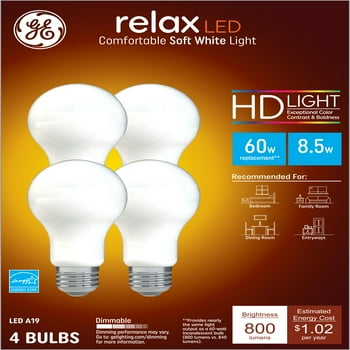 GE Relax LED Light Bulbs, 60 Watt Eqv, Soft White, A19 General Purpose, 4pk