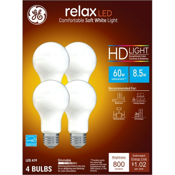 No way lightly portable GE Relax LED Light Bulbs, 8.5 Watt (60 Watt Equivalent), Soft White, A19  Bulbs, 4pk - Walmart.com