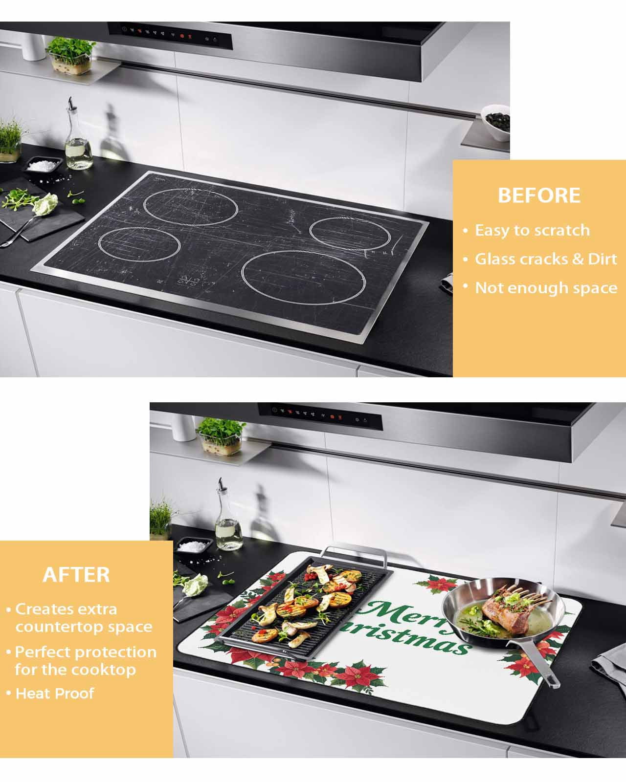 Large Induction Cooktop Protector Mat Christmas Poinsettia Stove Top Covers for Electric Stove, Farmhouse Red Flowers Floral Leaves Decorative Stove Burner Cover Mats, Glass Top Stove Cover