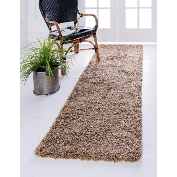 Rugs.com Solid Shag Collection Rug – 10 Ft Runner Sandy Brown Shag Rug Perfect For Hallways, Entryways