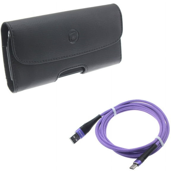 Black PU Leather Case Side Cover Pouch w Purple 10ft Long Type-C USB Cable Wire Sync Q7V for Acer Liquid Jade Primo - ASUS ROG Phone, ZenFone AR 6 4 Pro - Blackberry Motion - BLU G9