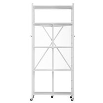 KFFKFF 5-Tier Foldable Storage Shelf, 28 W x 15 D x 64 H Inch Metal Rack Shelving Unit, Durable Organizer with Wheels & Hooks for Pantry, Kitchen, Garage, Basement, White