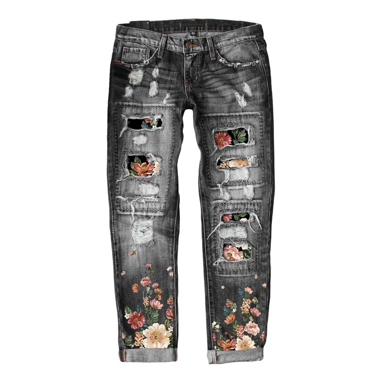 Blibea Women's Patchwork Jeans High Waist Distressed Ripped Floral Print Denim Pants Gray 16