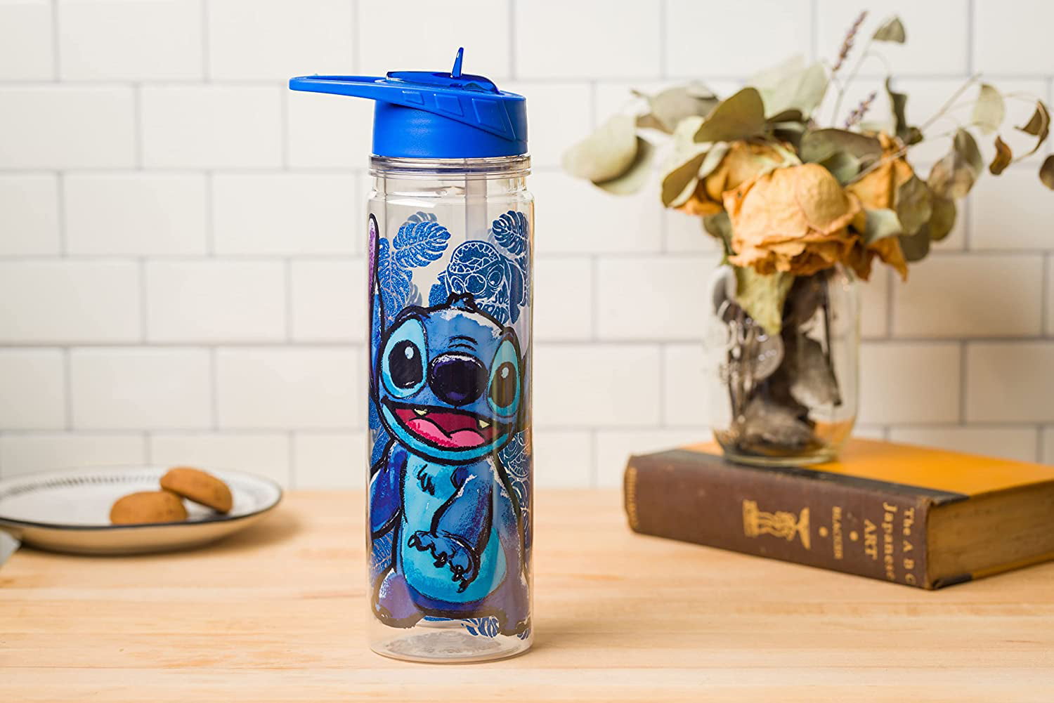 Lilo and Stitch Floral Sketch Glitter Double Walled Tritan Water Bottle,  18-Ounce 