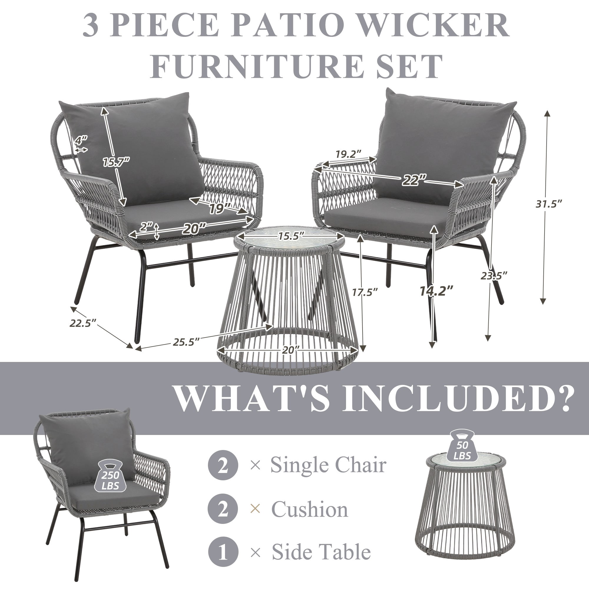 Bezseller 3-Piece Outdoor Wicker Furniture Set, Patio Conversation Set, Gray