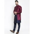 thumbnail image 5 of eloria Men's Indian Traditional Navy Blue & Maroon Layered Silk Blend Kurta with Churidar Pyjama and jacket Set, 5 of 7