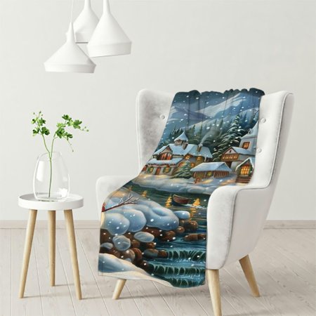 Dvbnli Village Cottage Along A Stream Christmas Scene with and Snowman Blanket Hellote Xmas Soft Warm Throw Blankets Throw Blankets Flannel Blanket for Couch Bed Decor Birthday Gift White