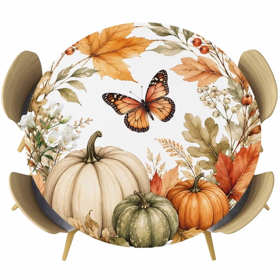 Round Table Cover 55-60 Inch Pumpkins Fall Waterproof Reusable Table Cloth Round Fitted Vinyl Tablecloth with Elastic Edged for Parties Outdoors, Thanksgiving Butterfly Leaves Berry