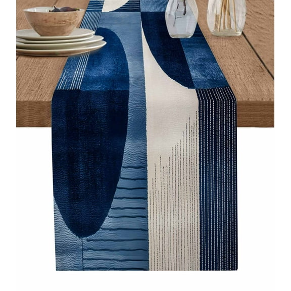 Navy Blue Geometric Table Runner 72 Inches, Abstract Art Color Block Bed Runner Dresser Scarves Tabletop for Indoor Outdoor Parties/Ceremony/Banquet, 18" x 72"