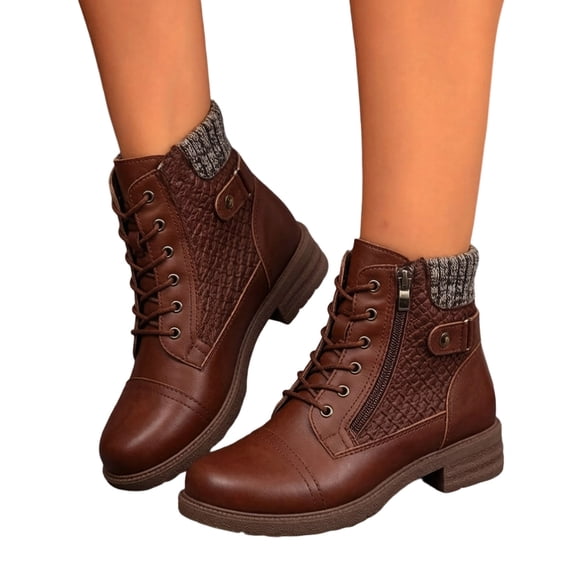 HEWUQI Women's Combat Boots Lace up Platform Side Zipper Lug Sole Ankle Boots Knitted Leather Splicing Low Heeled Platform Fashion Walking Shoes Brown Size 6