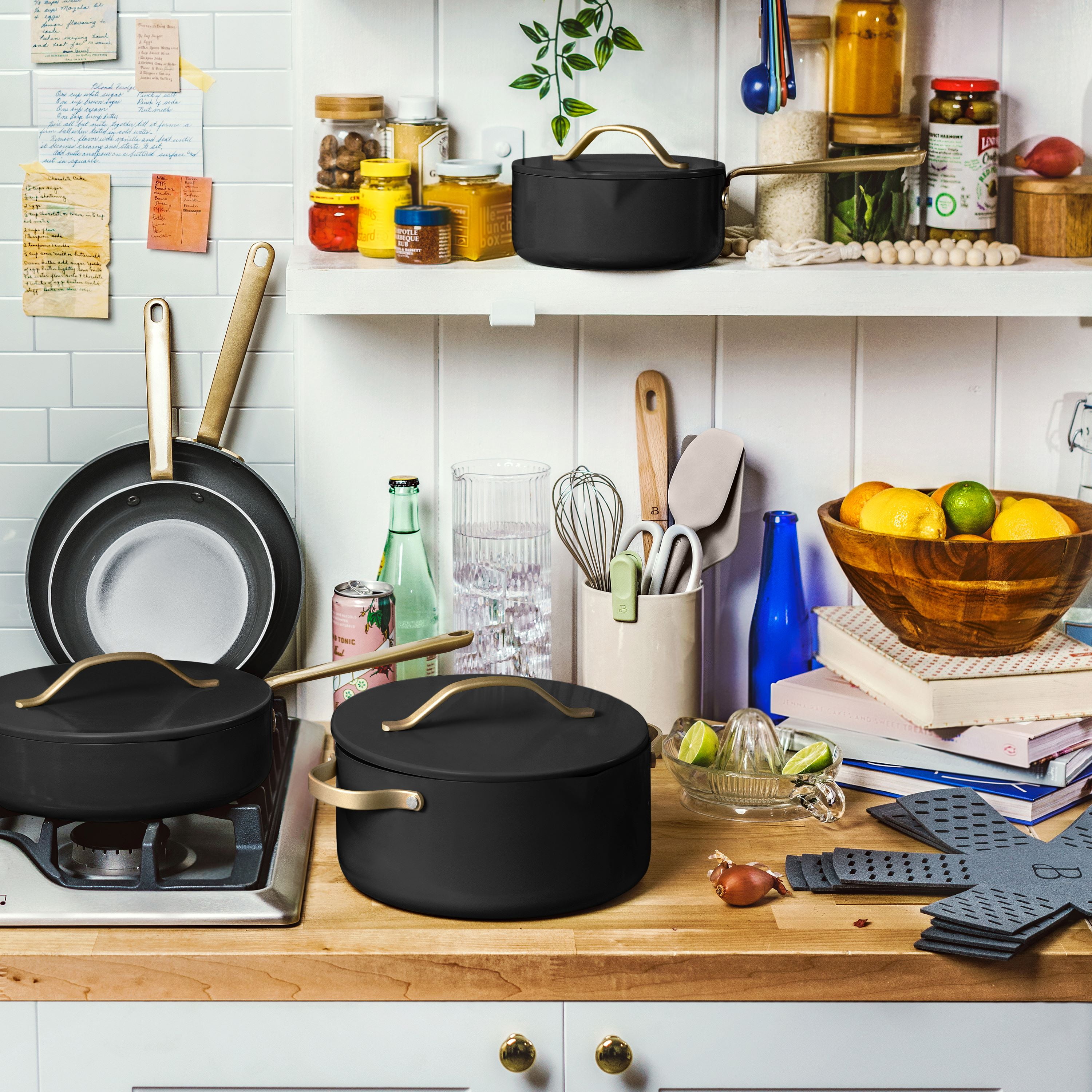 Beautiful 12-Piece Ceramic Nonstick Cookware Set, Pots and Pans with Strainer Lids, Black Sesame by Drew Barrymore