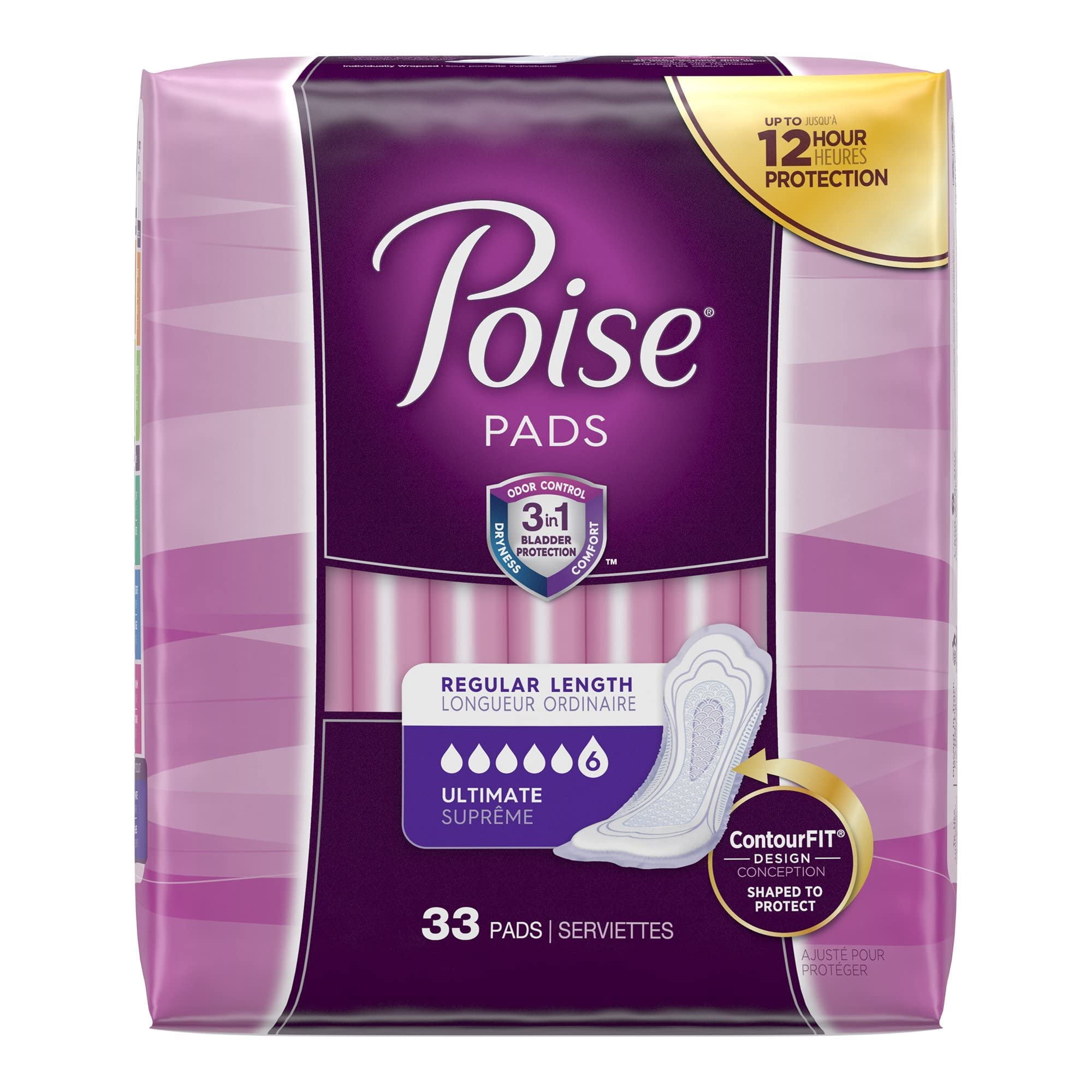 Poise Incontinence Pads for Women, Regular Length Ultimate Absorbency Bladder Leak Pads, Disposable Feminine Protection, 33 Count (Pack of 2)