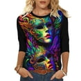 thumbnail image 2 of Cadancy Mardi Gras Shirt Women 3/4 Sleeve Trendy Crewneck Pullover Tunic Tops Rave Party Mask Print Carnival Blouse Casual Loose Holiday Outfits, 2 of 6