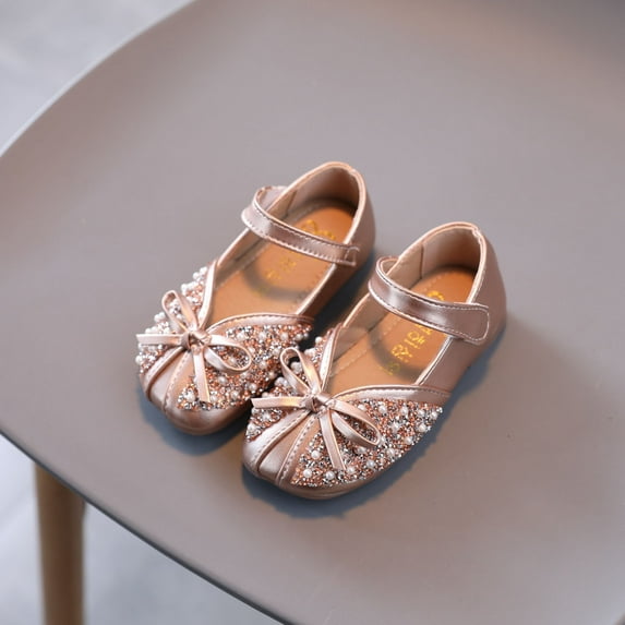 QISIWOLE Toddler Shoes Baby Girls Cute Fashion Pearl Bow Sequins Non-slip Small Leather Princess Shoes Sales