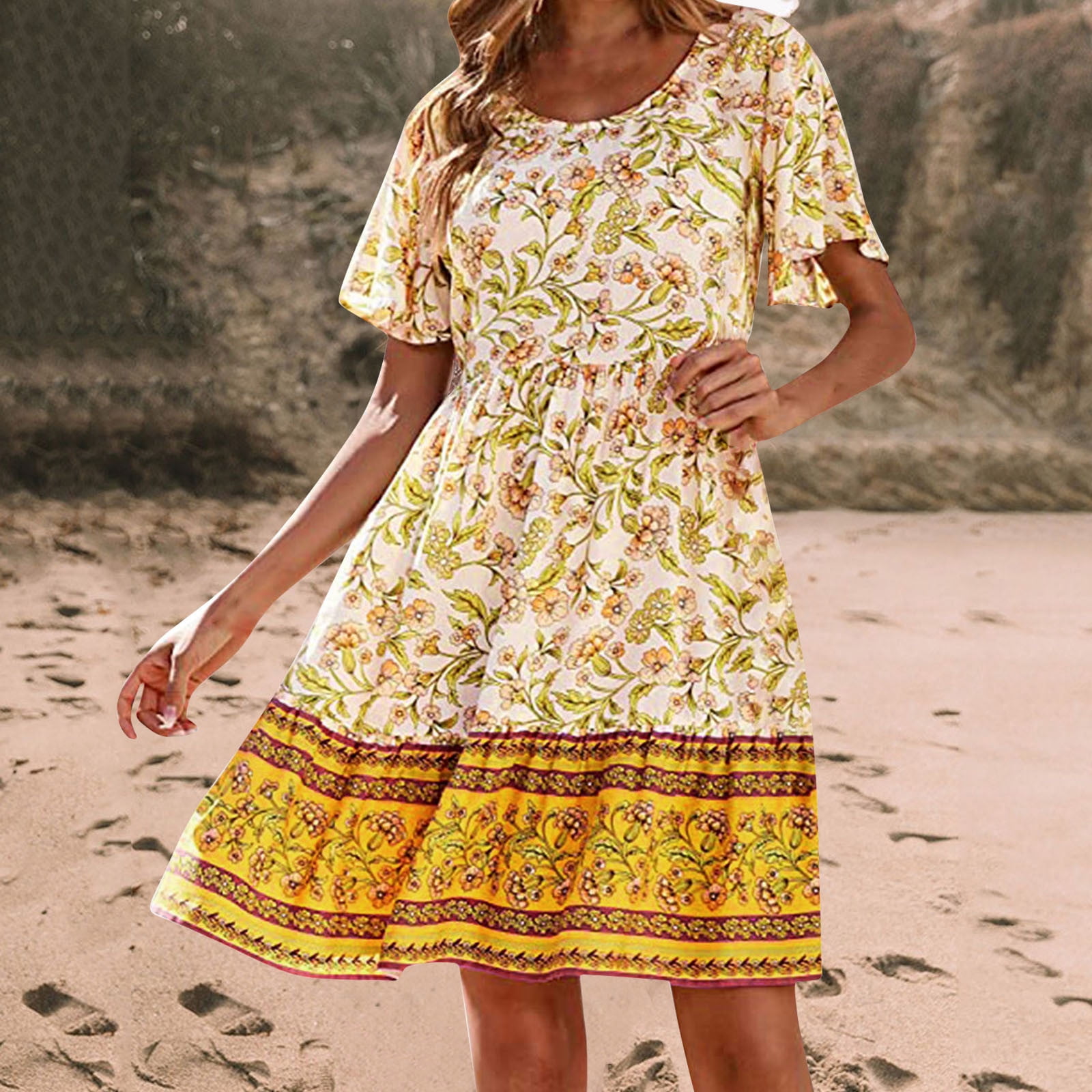 Women's Floral Summer Dress Wrap Loose Midi Dress Flower Printed Chiffon  Dress Belted Ruffle A Line Bohemian Maxi Dresses Casual Style - Walmart.com