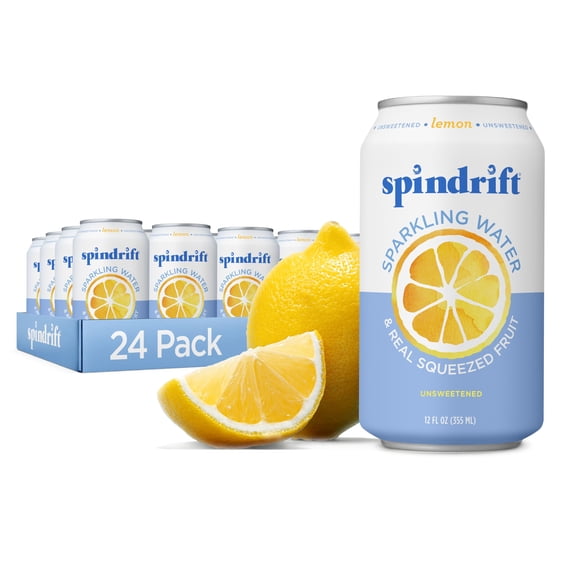 Spindrift Sparkling Water, Lemon Flavored, Made BSL1 with Real Squeezed Fruit, 12 Fl Oz Cans, Pack of 24 (Only 3 Calories per Can)