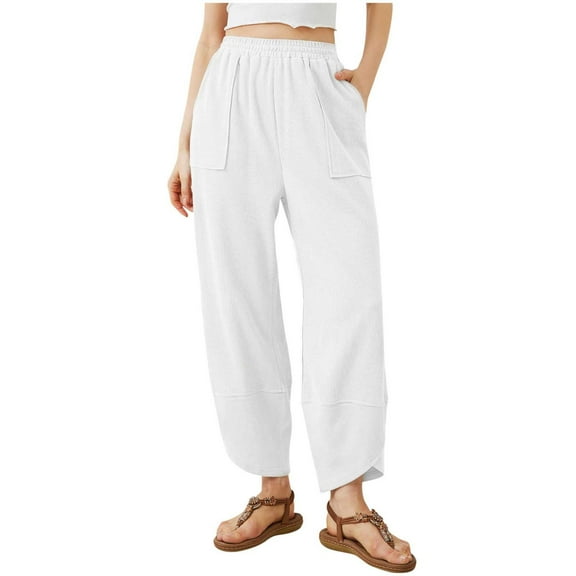 Ecqkame Women's Casual Pants Summer Fashion Solid Color Business Pants Loose Trendy Straight Leg Elastic Waist Work Trouser with Pockets 02-White XXL
