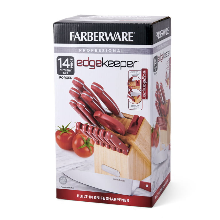 Farberware EdgeKeeper 14-Piece Forged Triple Rivet Kitchen Knife Block Set,  Red