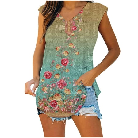 

Dianli Tank Tops Fashion Vintage Camis Vest Casual Blouse Holiday Beach Pullover Flowy Cute Party Going Out V-Neck Floral Print Summer Tops Sleeveless T-shirts Green S