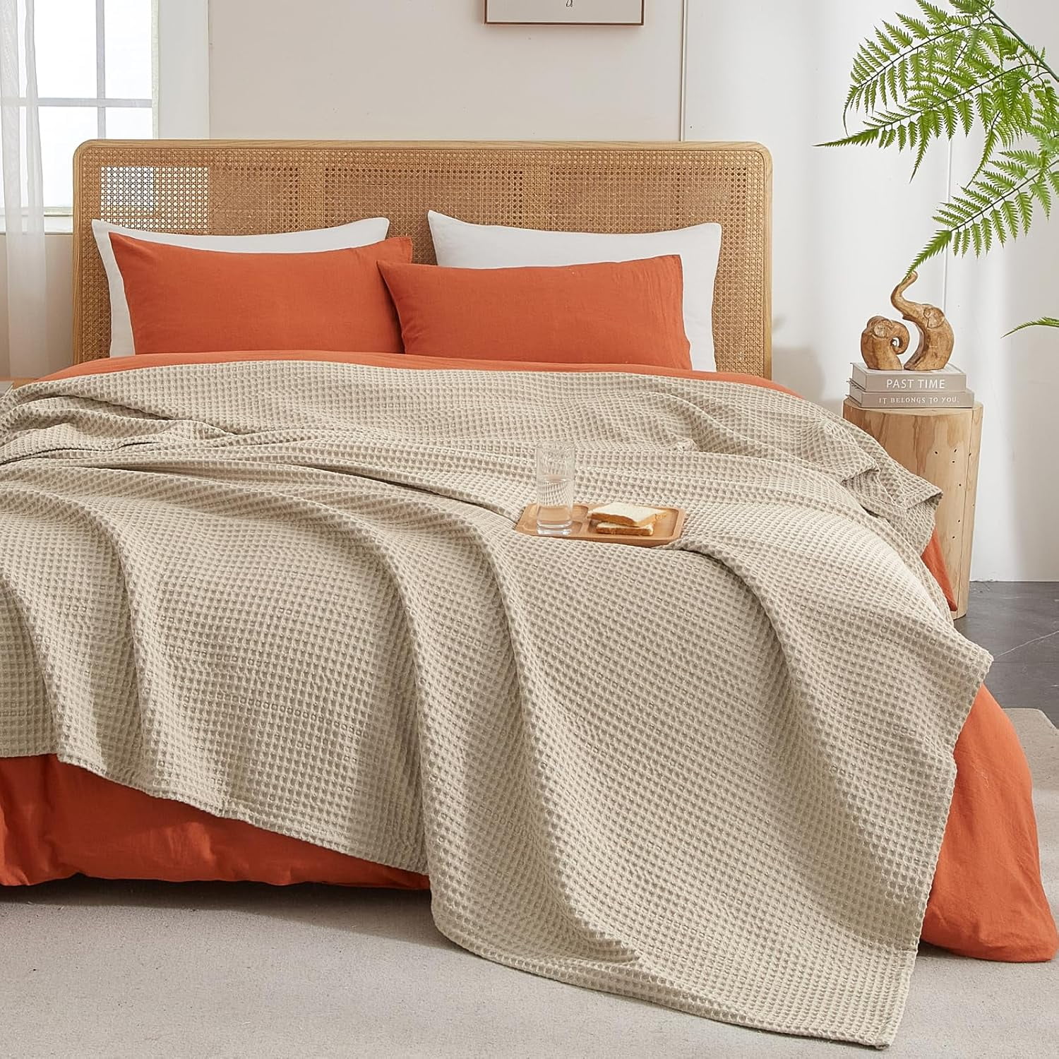 PHF Ultra Soft Waffle Weave Blanket King Size, Washed Lightweight Summer Breathable Blankets for Hot Sleeper, Khaki, 104x90 inches