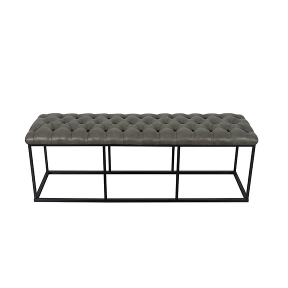 Benjara Ali Ottoman Bench- Open Metal Frame- Gray Tufted Faux Leather 52 Inch