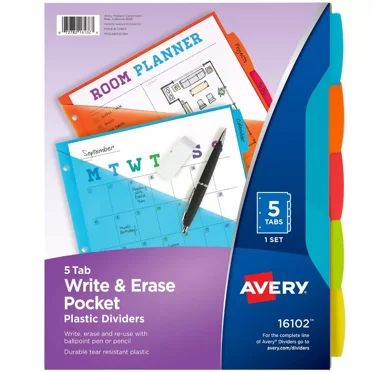 5ct Write & Erase Pocket Tab Plastic Divider Set: Multicolor Binder Dividers with Pockets, Filing Accessories
